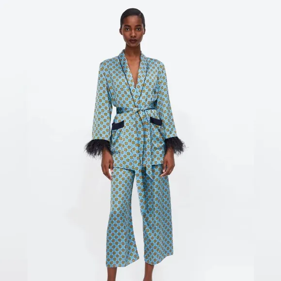Smokers Jacket/Short Robe W/Two Front Pockets and Feather Trim Accents on Cuffs
