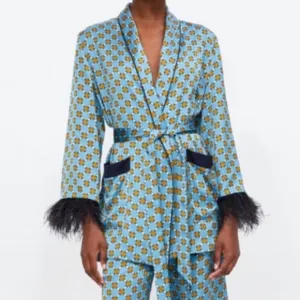 Smokers Jacket/Short Robe W/Two Front Pockets and Feather Trim Accents on Cuffs