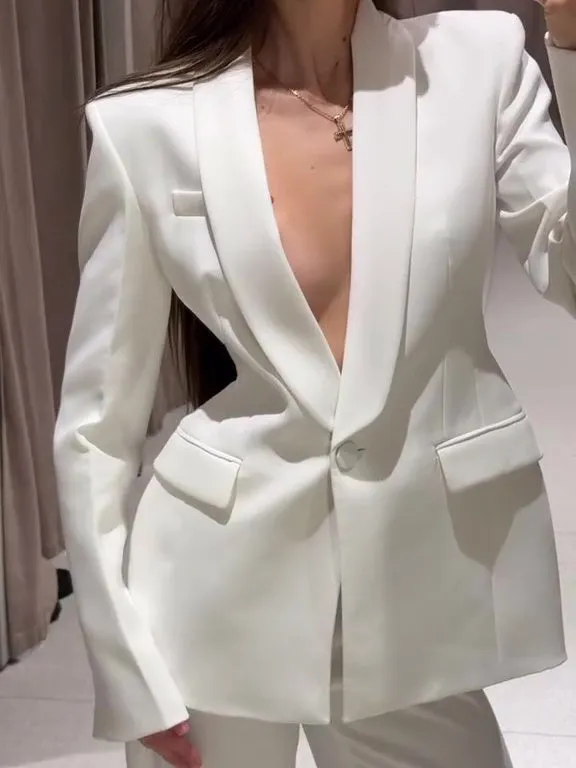 Solid Color Lapel Suit Jacket & High Waist Pants Set