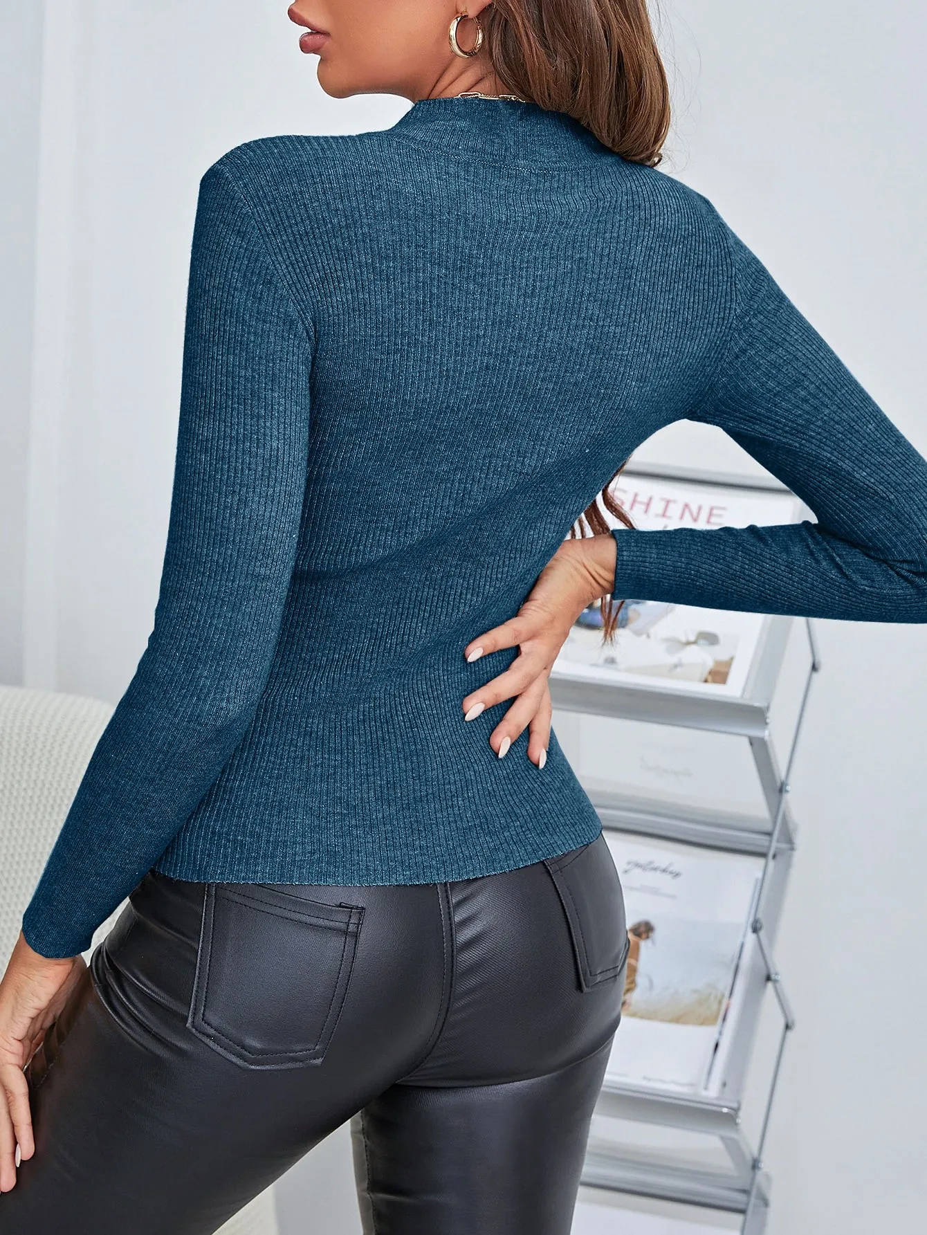 Solid Funnel Neck Rib Knit Sweater