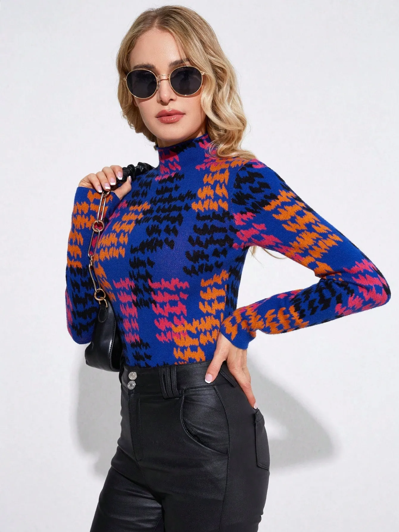 Solid Funnel Neck Rib Knit Sweater