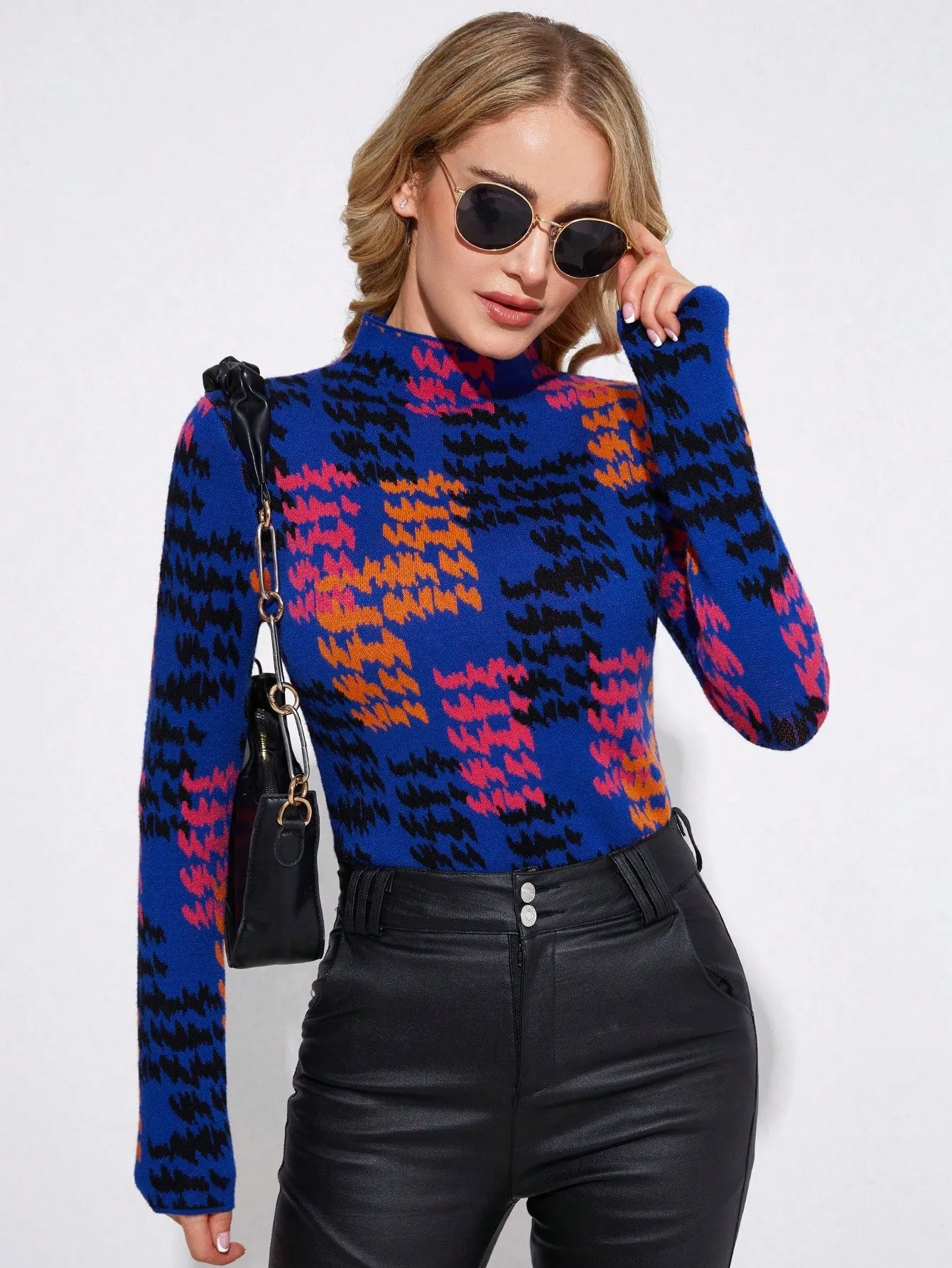 Solid Funnel Neck Rib Knit Sweater