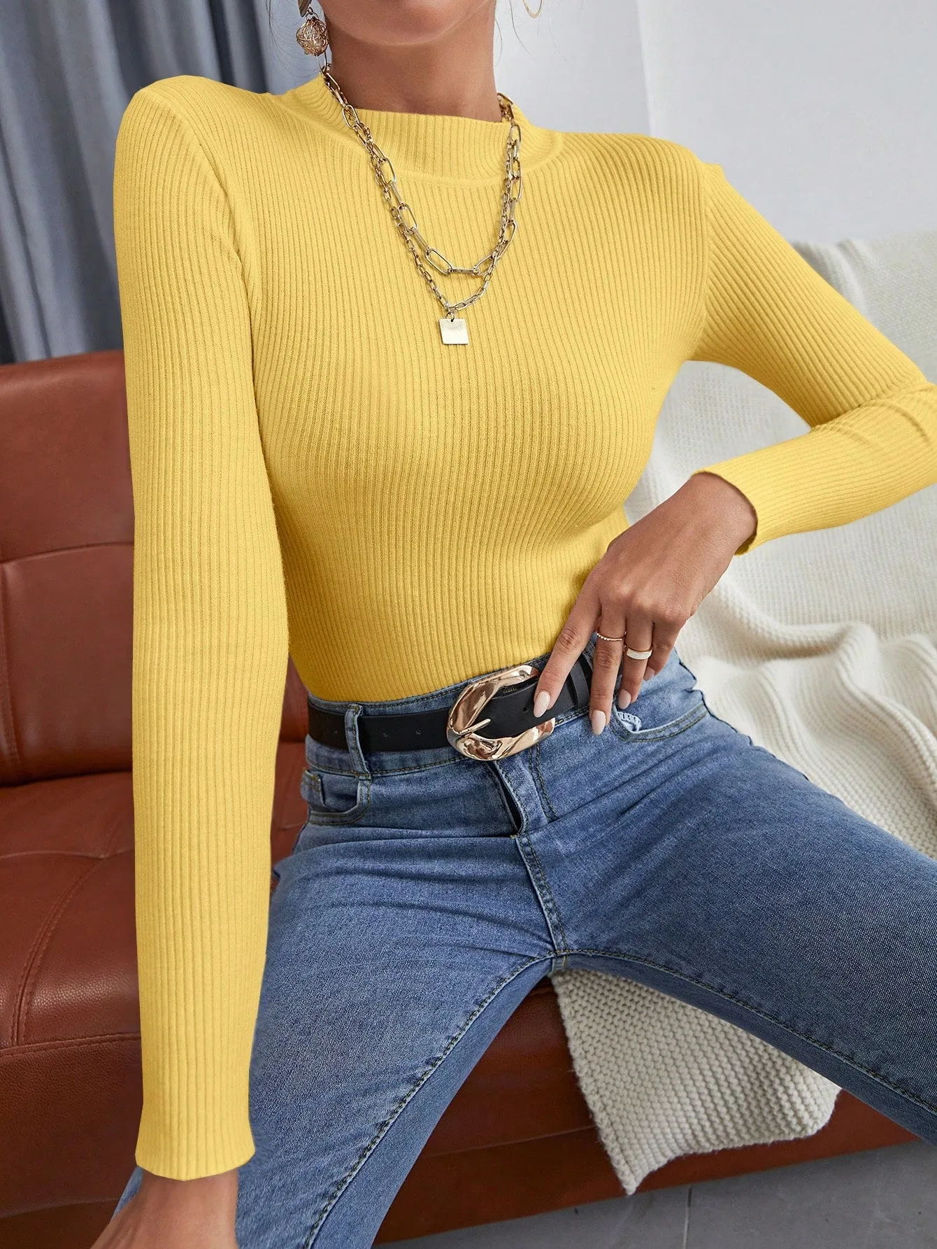 Solid Funnel Neck Rib Knit Sweater