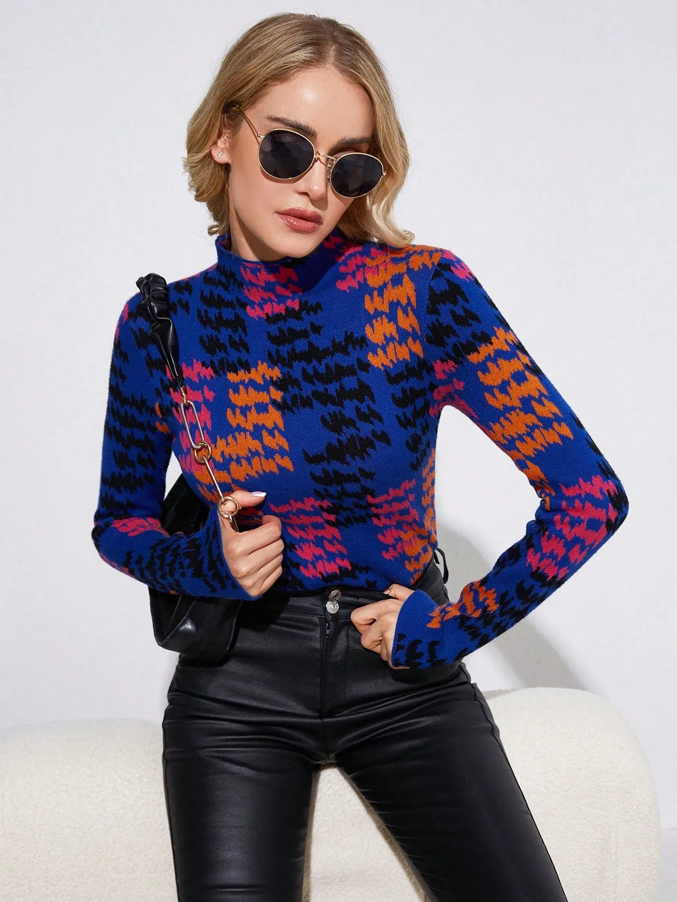 Solid Funnel Neck Rib Knit Sweater