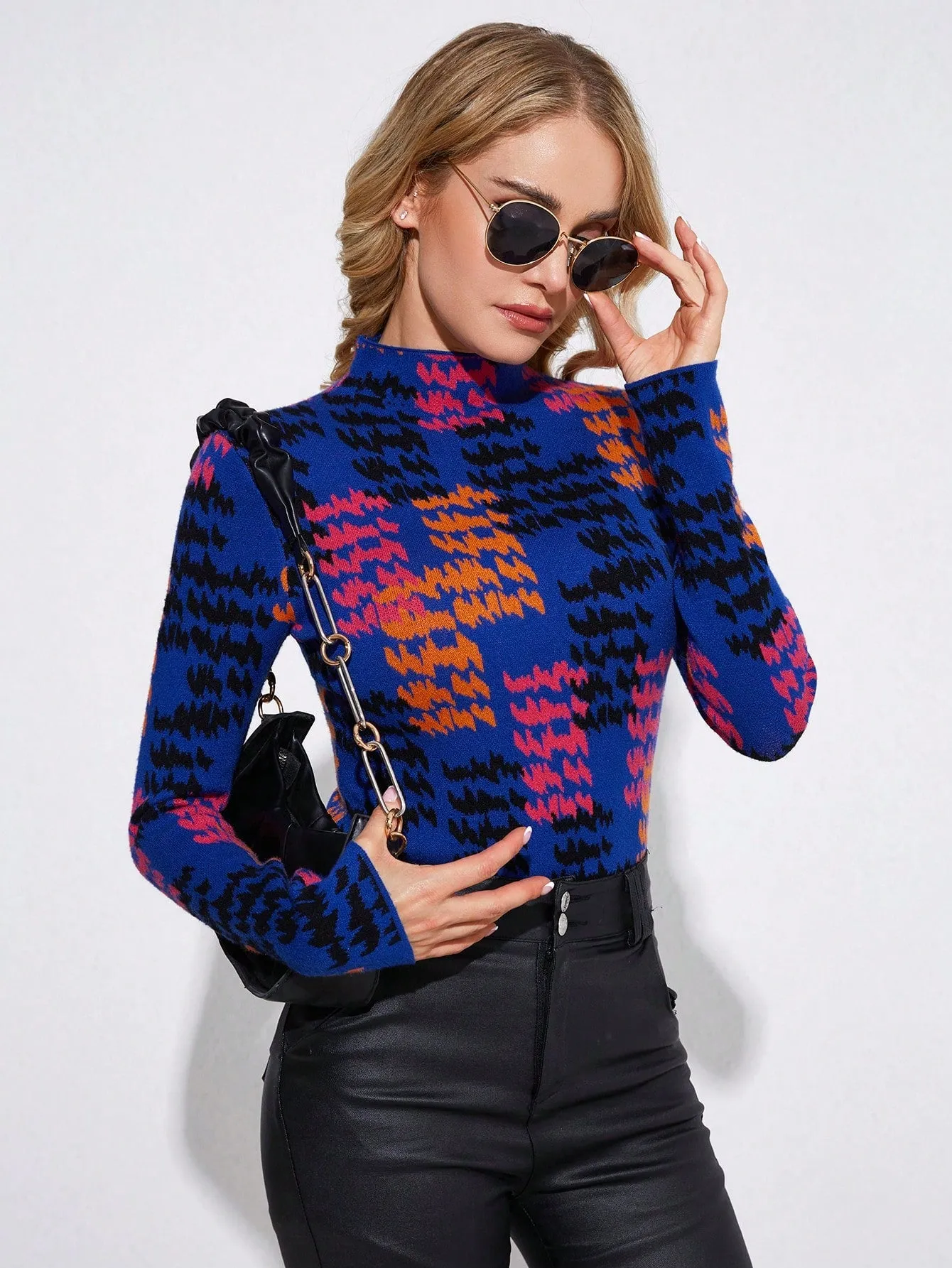 Solid Funnel Neck Rib Knit Sweater