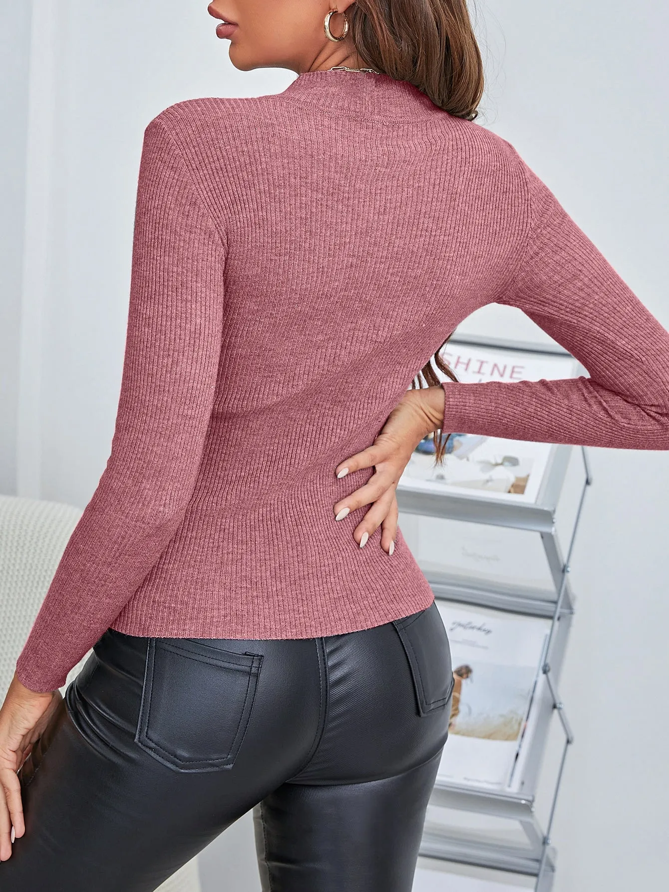 Solid Funnel Neck Rib Knit Sweater