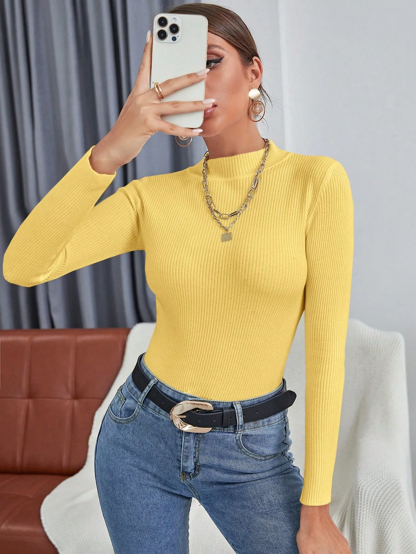 Solid Funnel Neck Rib Knit Sweater