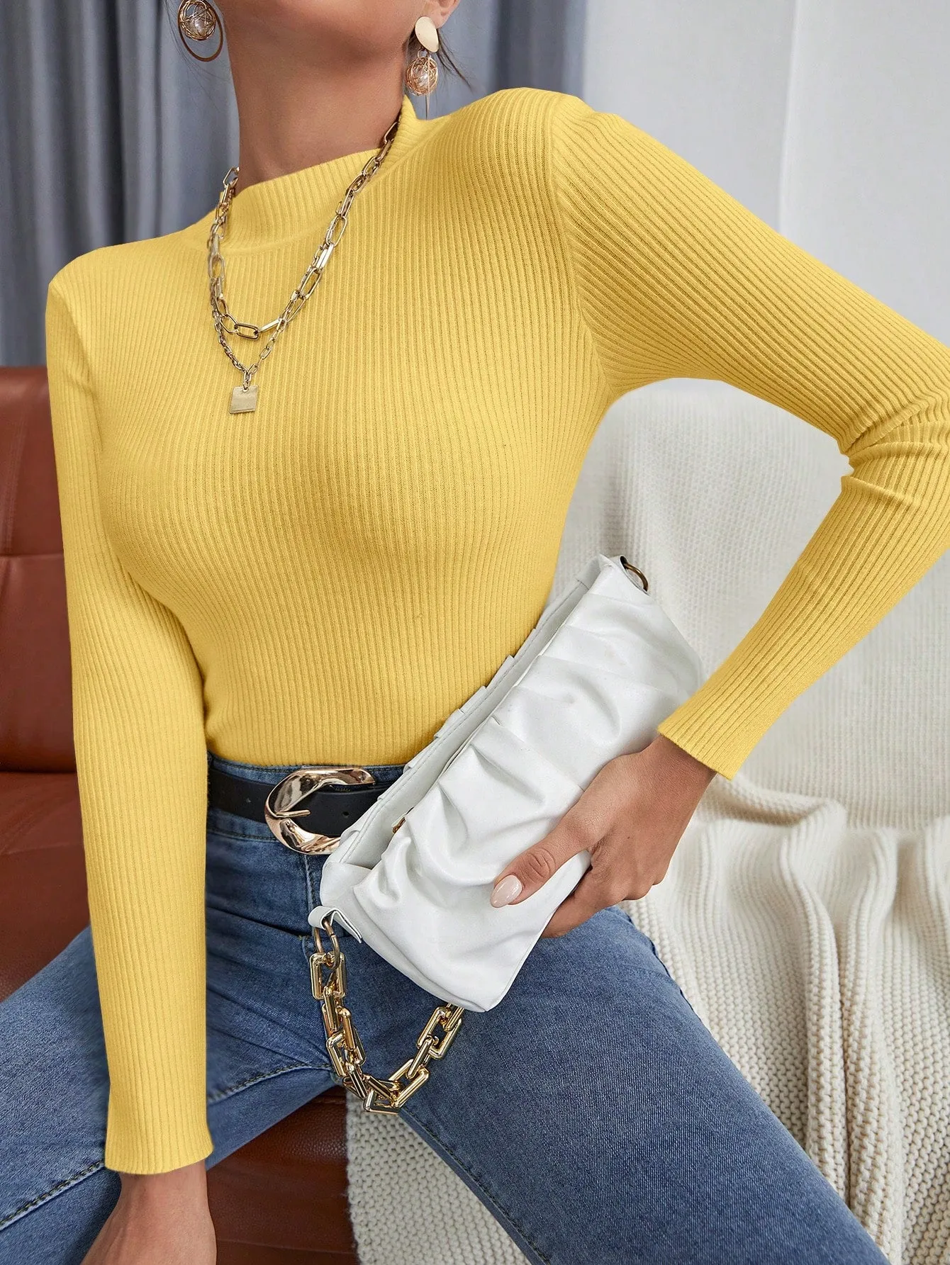 Solid Funnel Neck Rib Knit Sweater