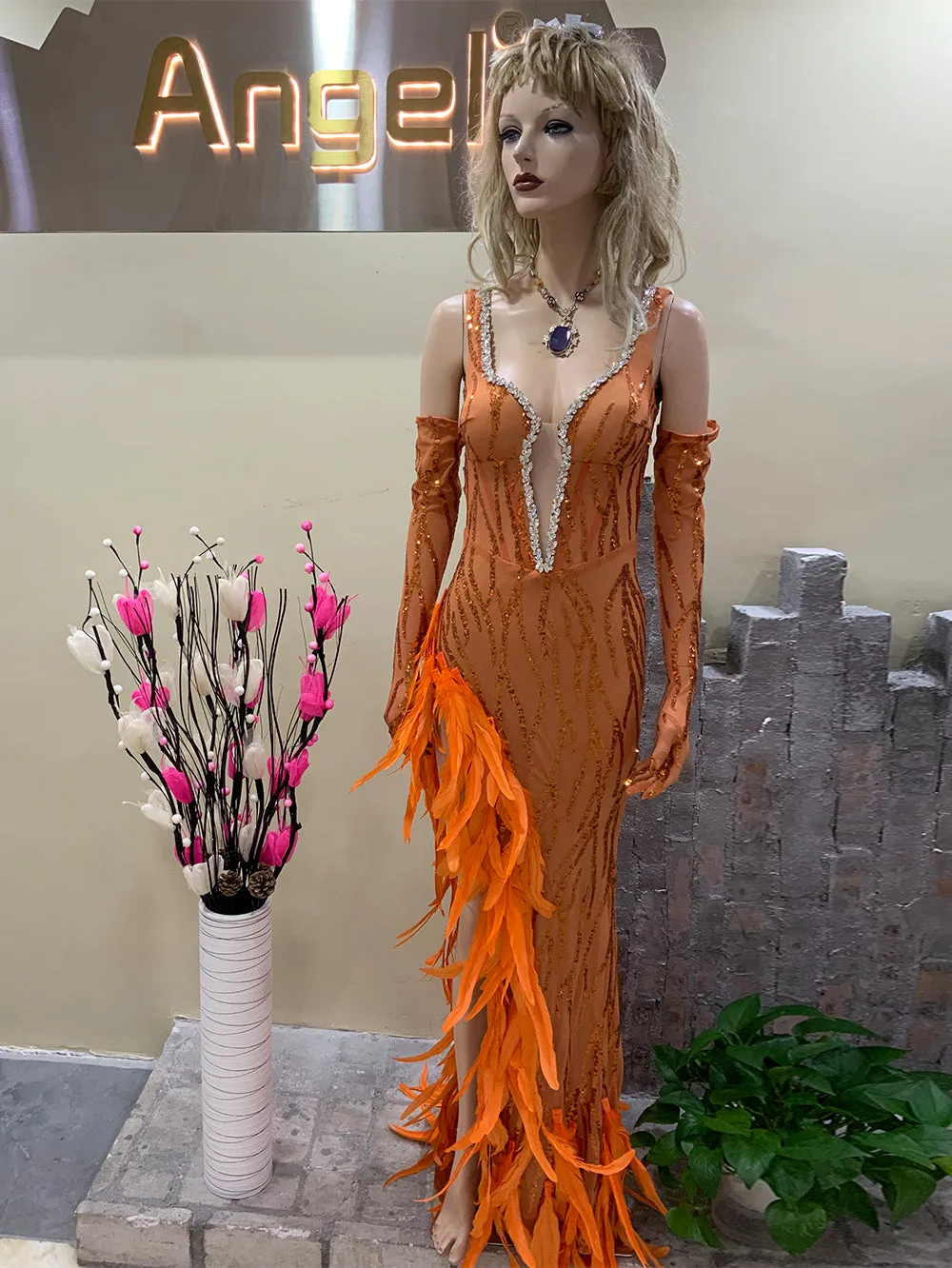 Strappy Sleeveless Feather Maxi Bodycon Dress HT909