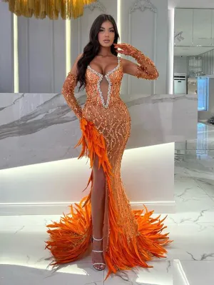 Strappy Sleeveless Feather Maxi Bodycon Dress HT909