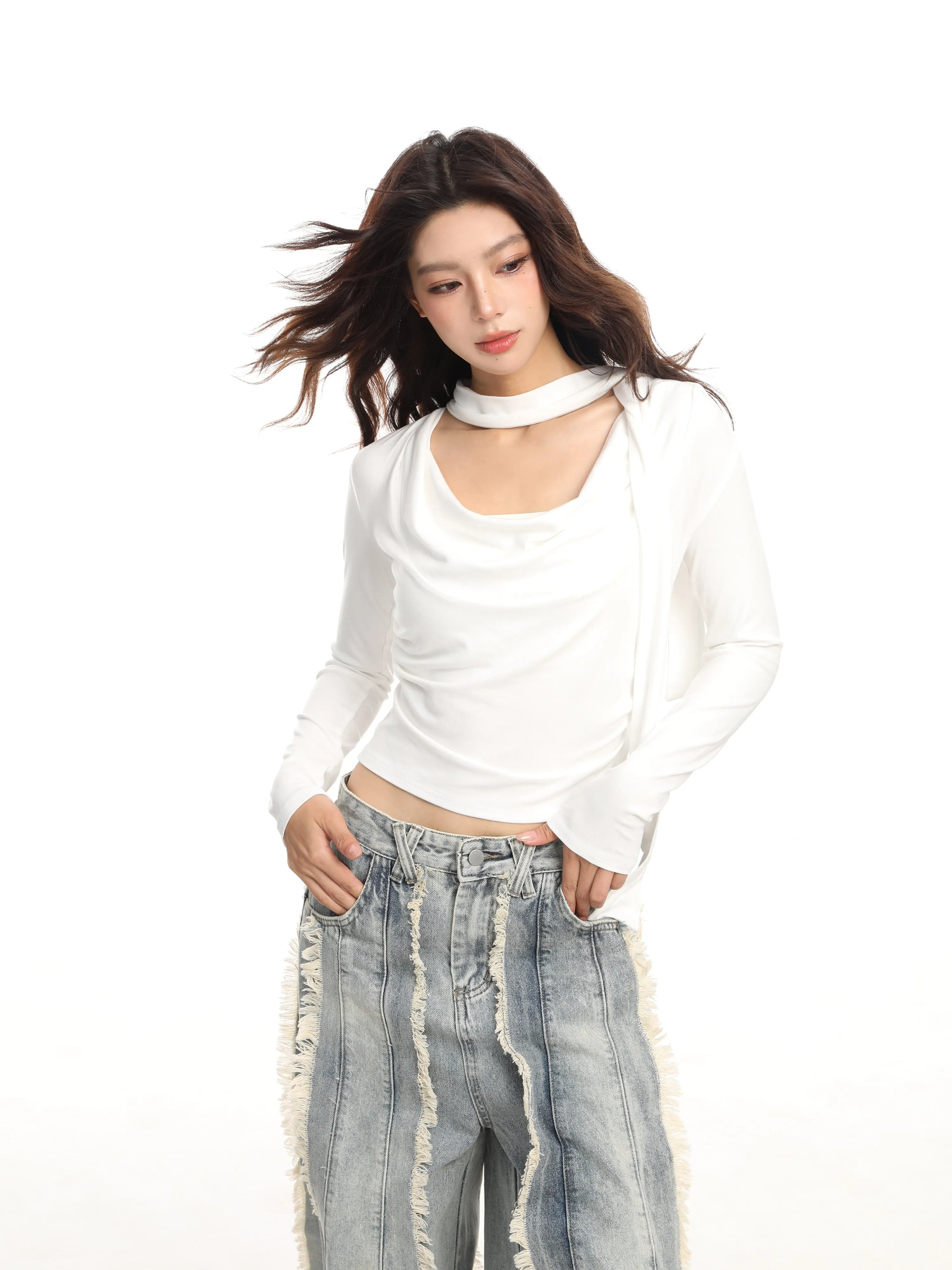 Swing collar halter neck long sleeve top