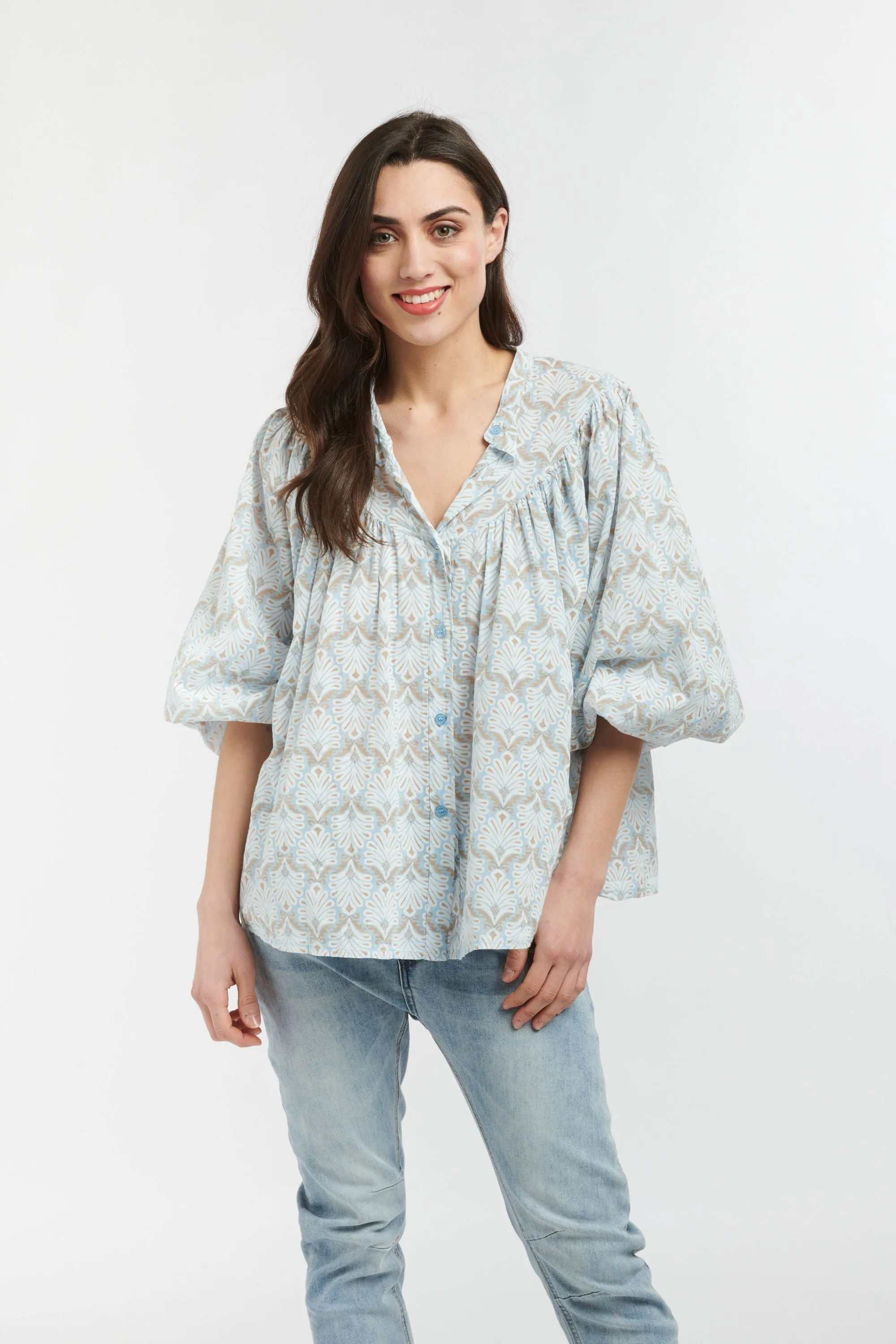 Sybil Blouse - Celeste Feather Print