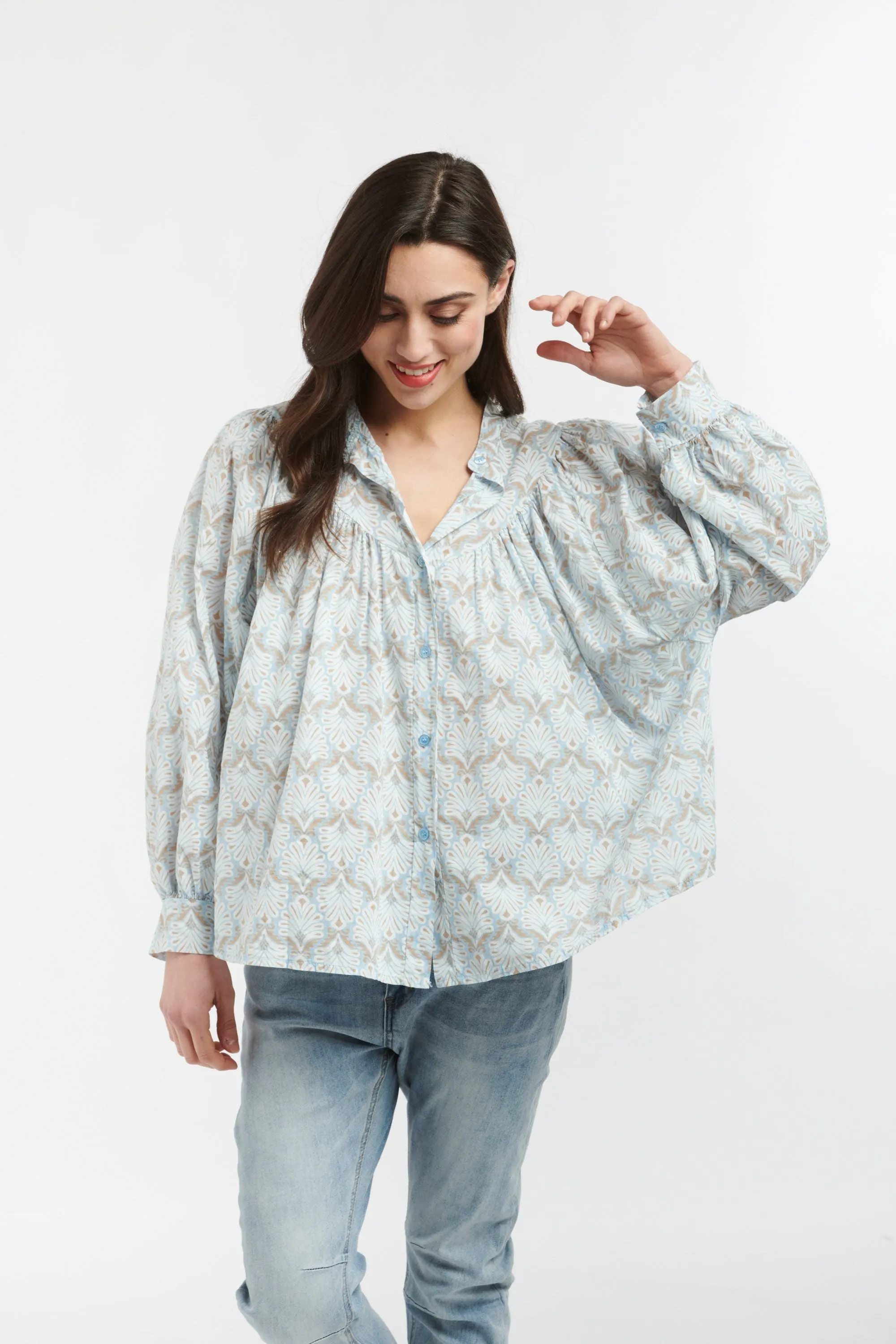 Sybil Blouse - Celeste Feather Print