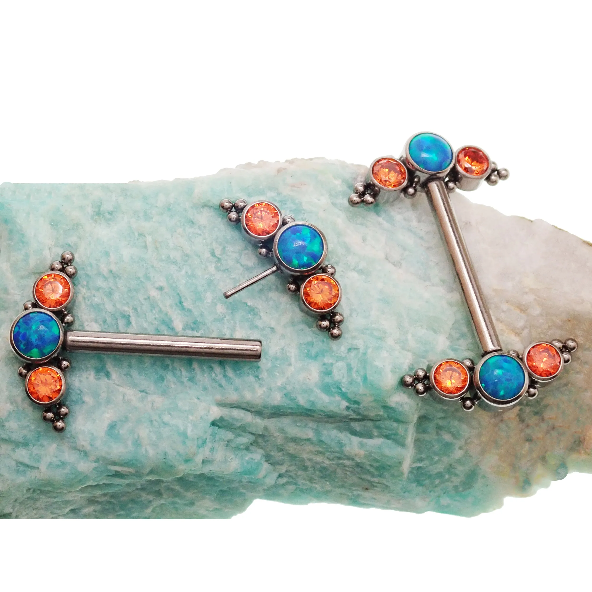 Teal Opal & Orange CZ Push Fit Nipple Bar 14g