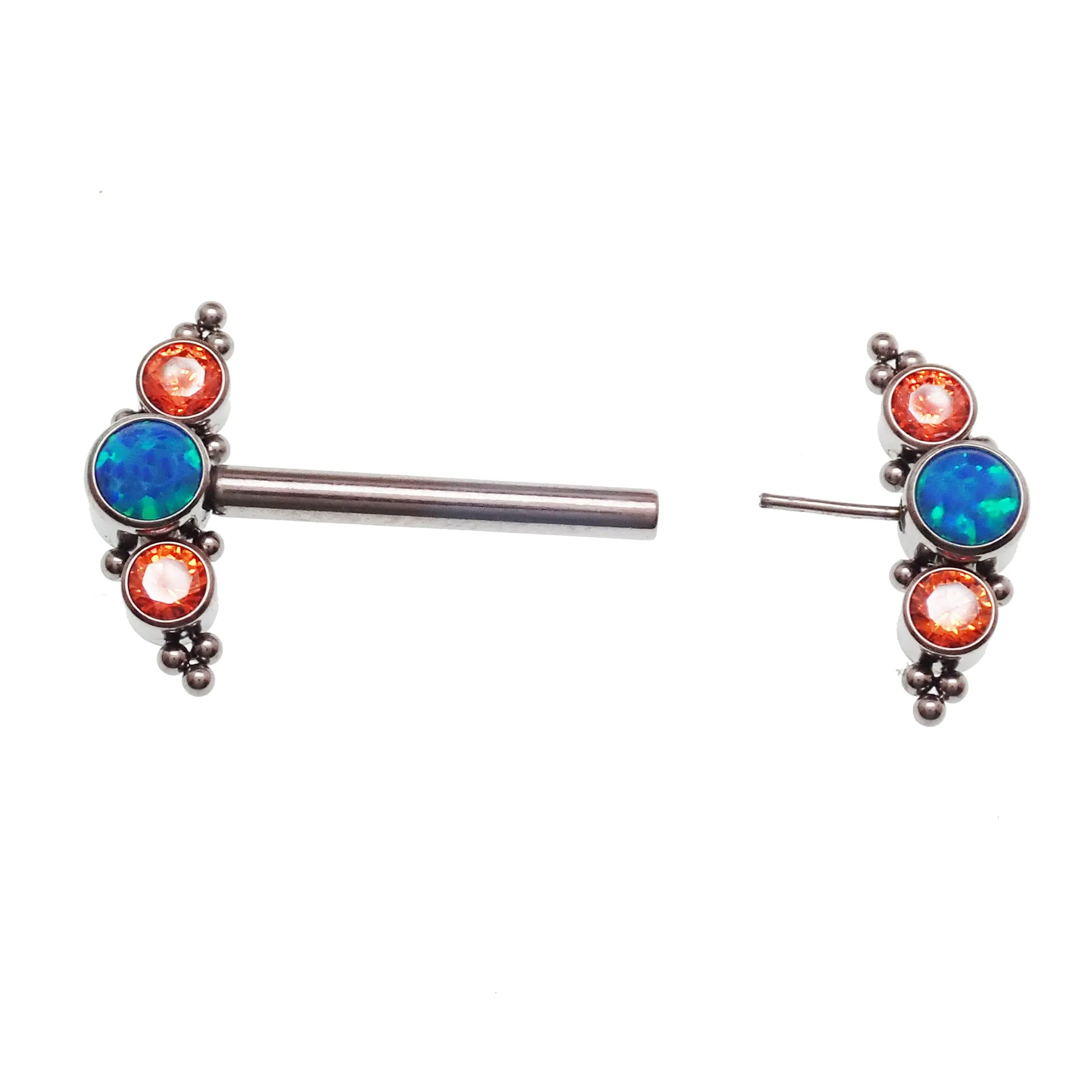Teal Opal & Orange CZ Push Fit Nipple Bar 14g