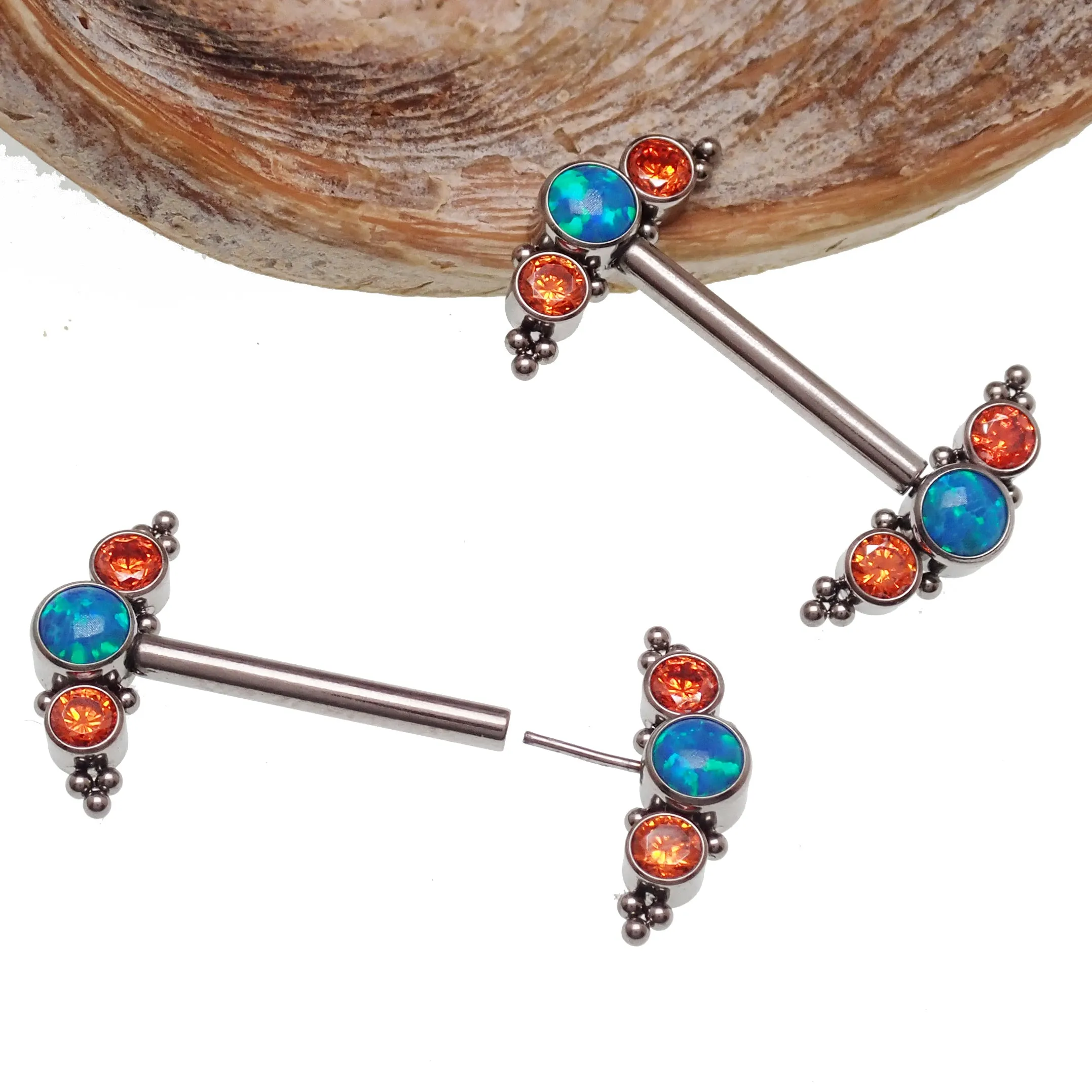 Teal Opal & Orange CZ Push Fit Nipple Bar 14g