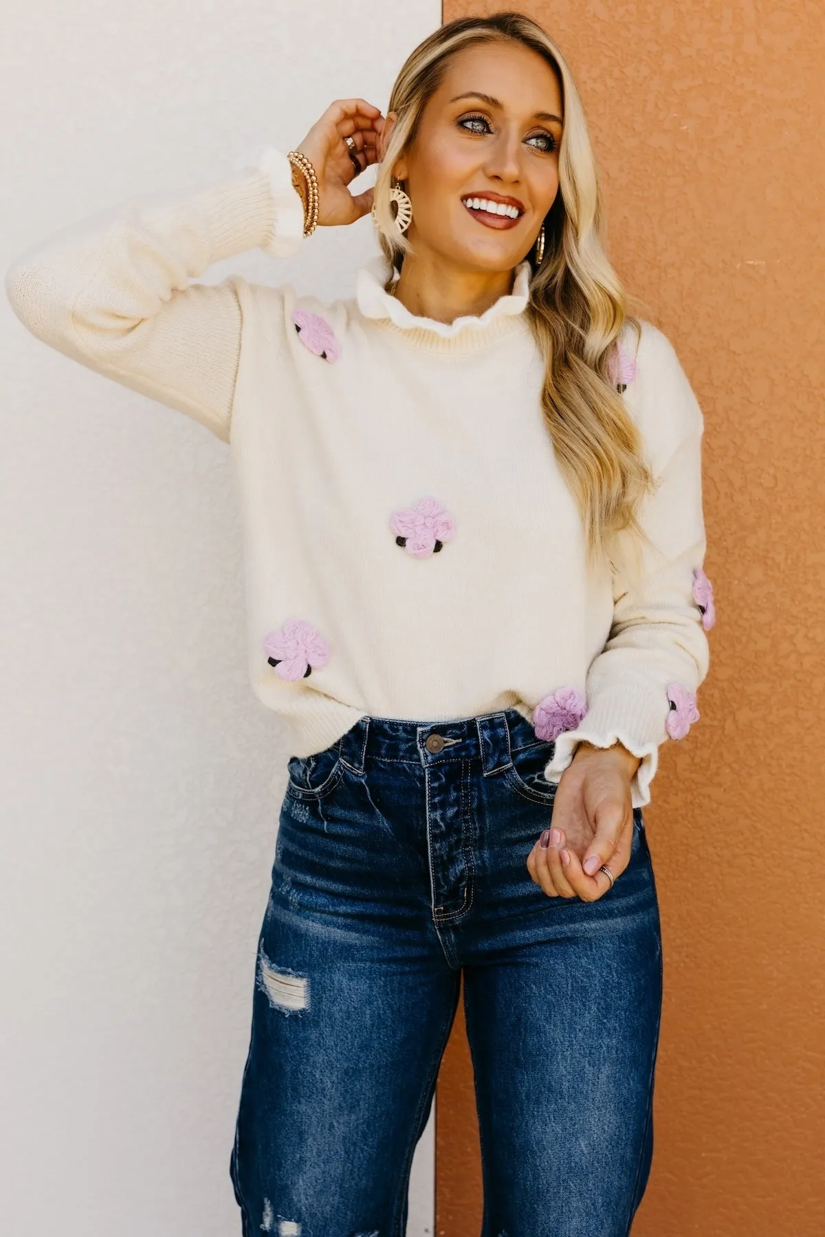 The Rogelio Floral Ruffle Trim Sweater