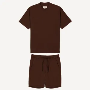 Thermal Waffle Knit Tee & Shorts Set - Medium Brown