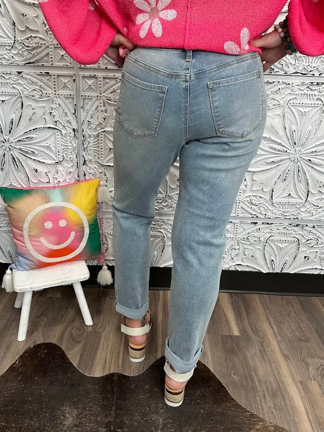 V-Front Cool Denim Boyfriend Jean with Cuff by Judy Blue