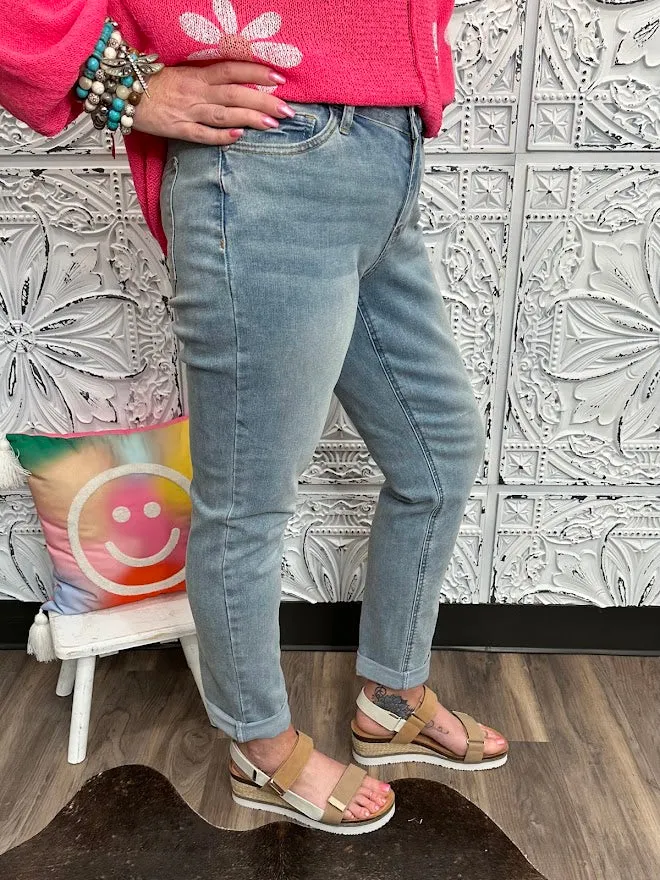 V-Front Cool Denim Boyfriend Jean with Cuff by Judy Blue