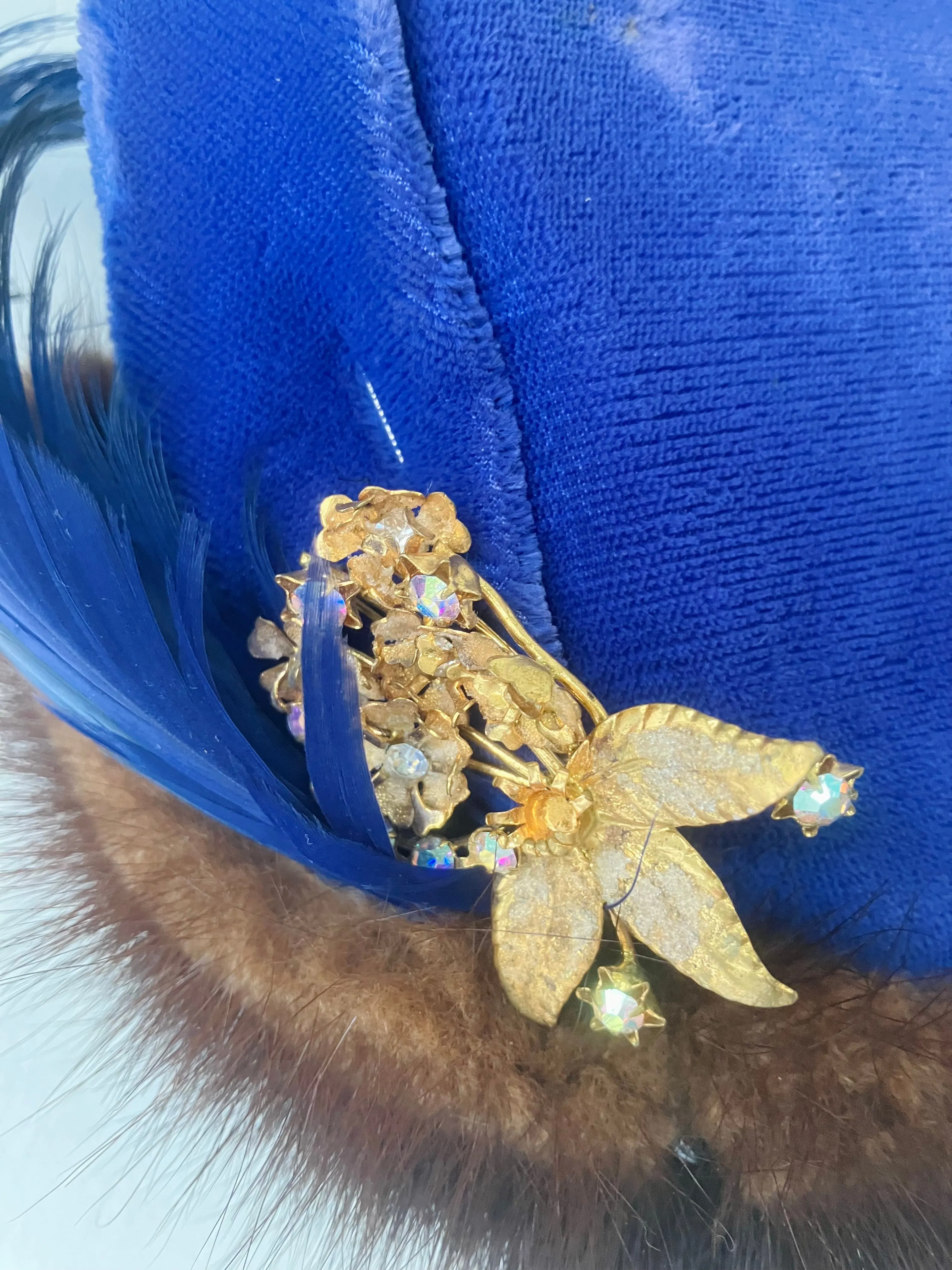 Vintage Blue Velvet Feather Cap with Mink Pin