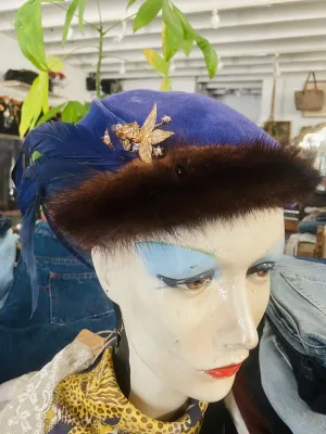 Vintage Blue Velvet Feather Cap with Mink Pin