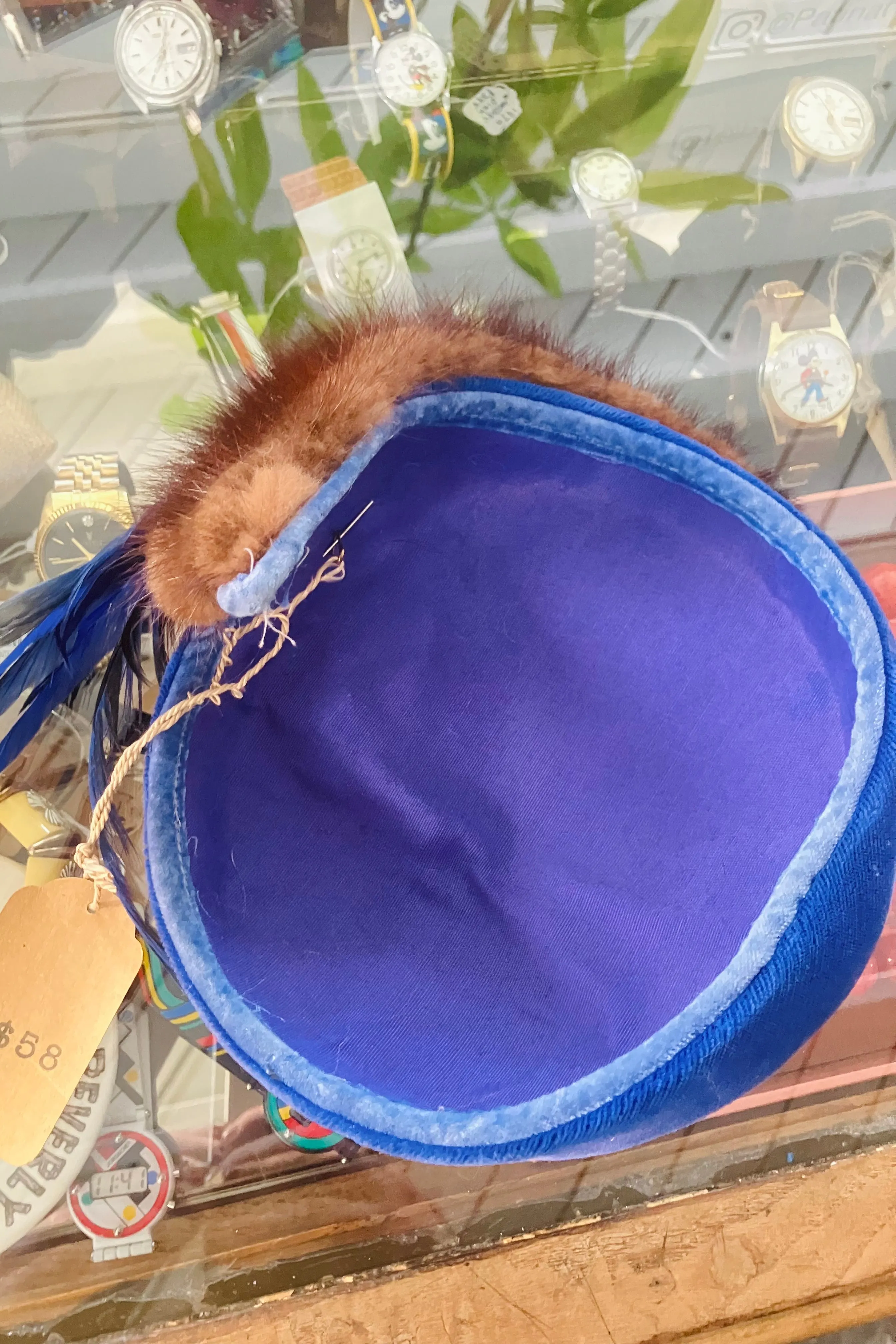 Vintage Blue Velvet Feather Cap with Mink Pin