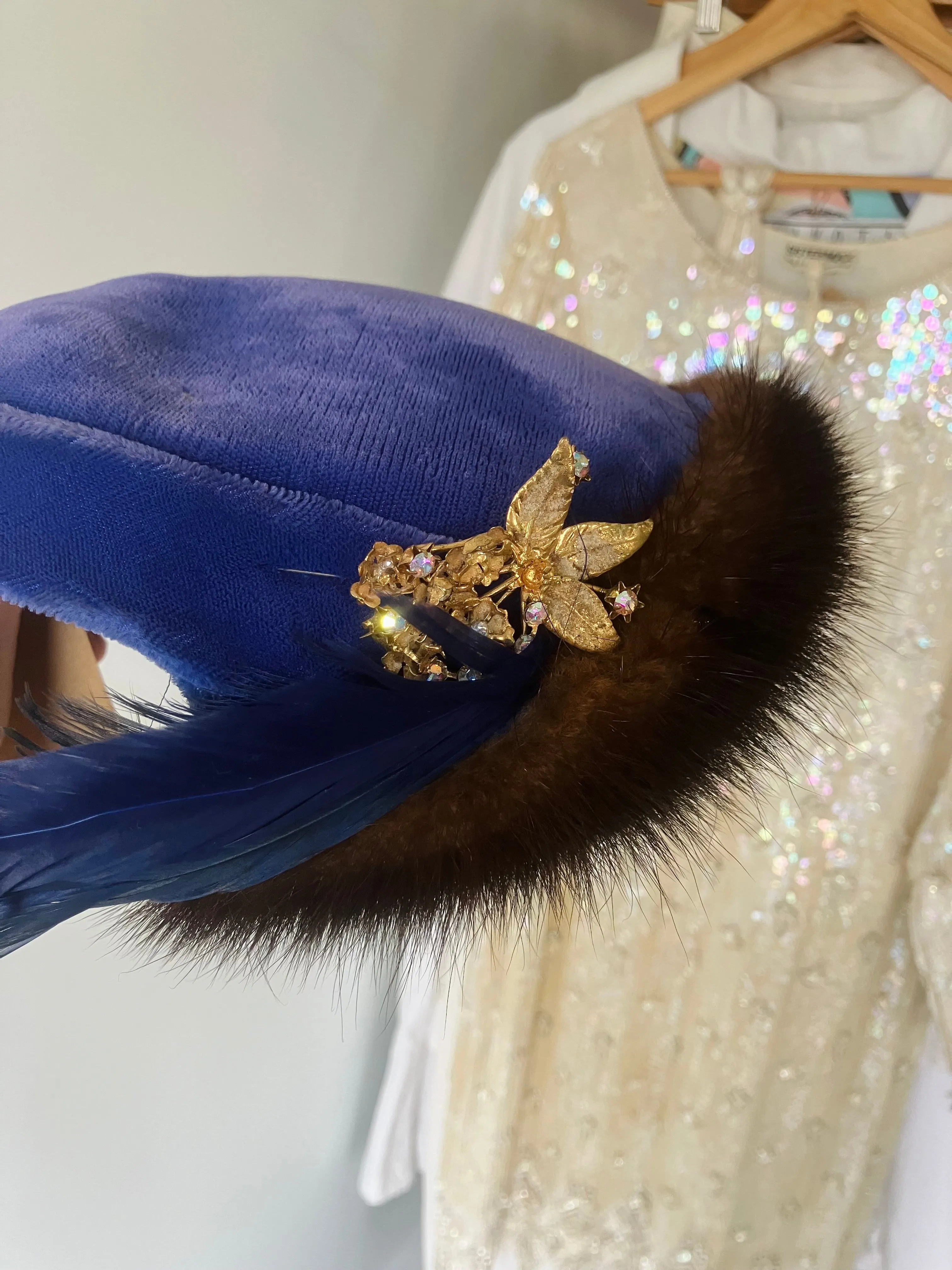 Vintage Blue Velvet Feather Cap with Mink Pin