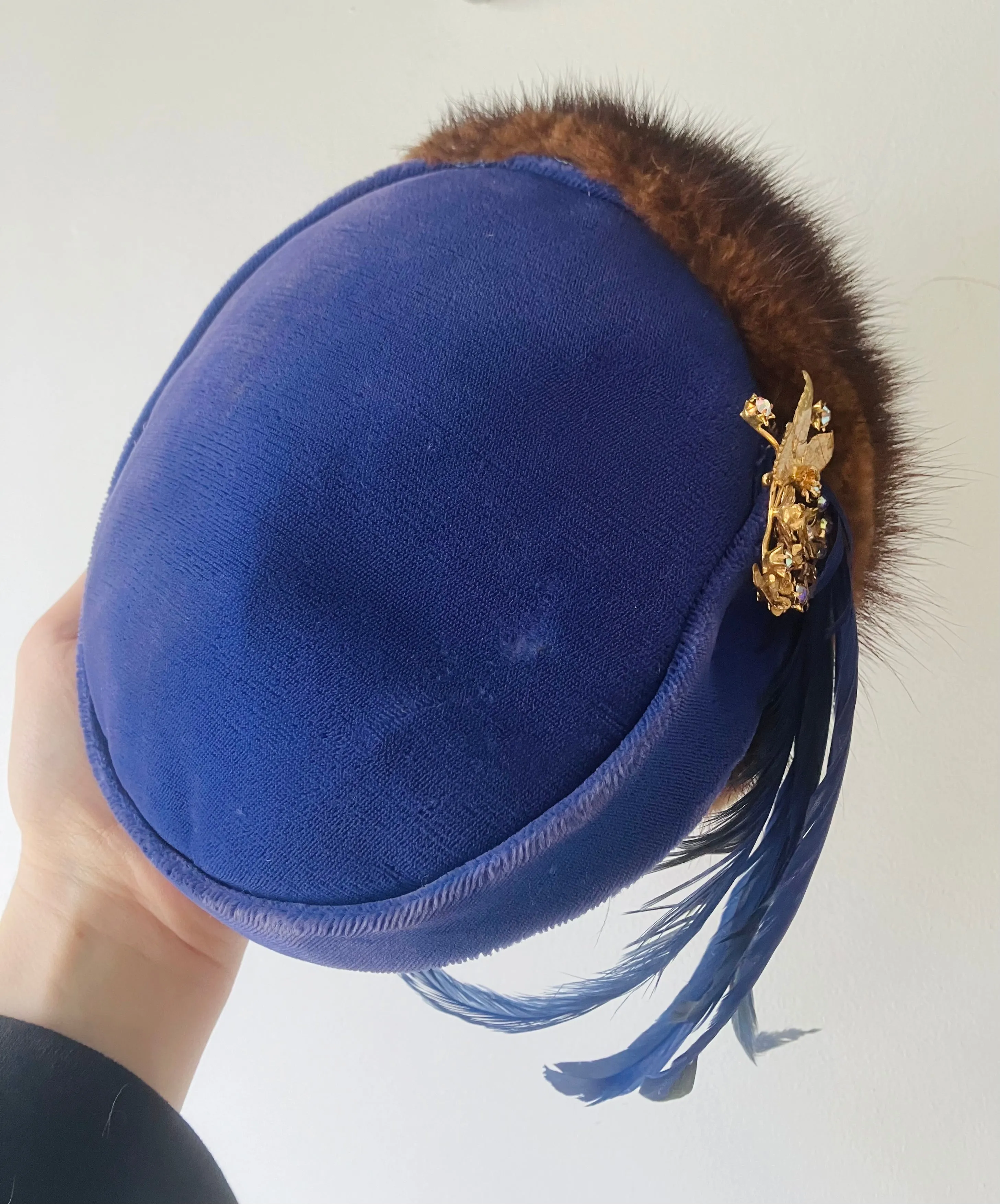 Vintage Blue Velvet Feather Cap with Mink Pin