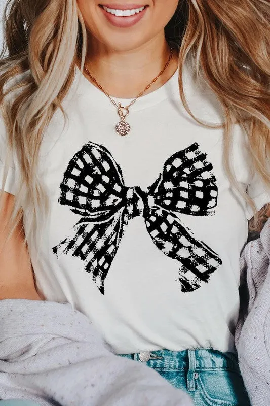 Vintage Checkered Bow Graphic T Shirts