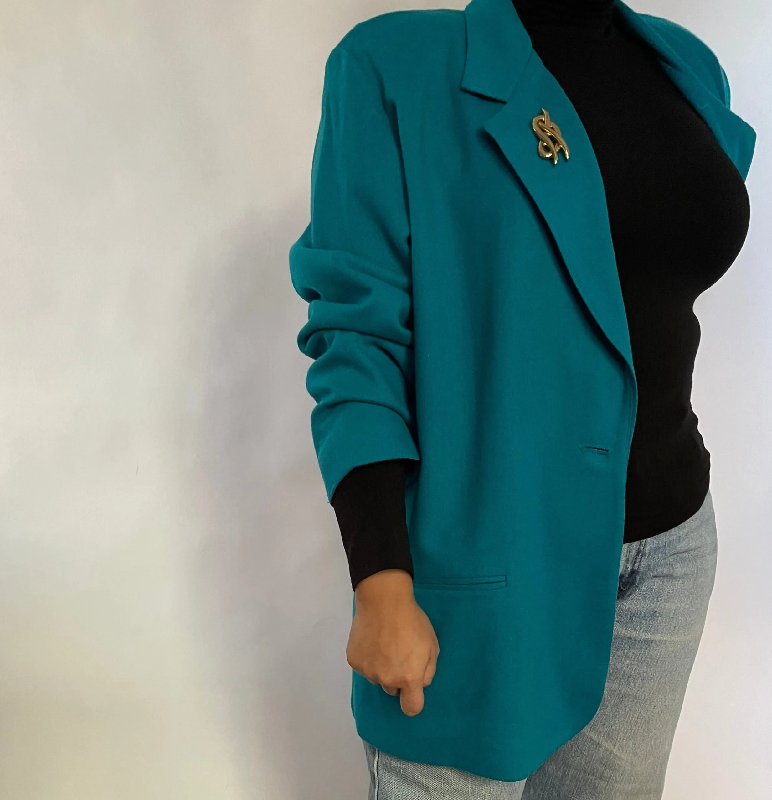 VINTAGE TURQUOISE WOOL BLEND BOYFRIEND BLAZER - SIZE L / XL