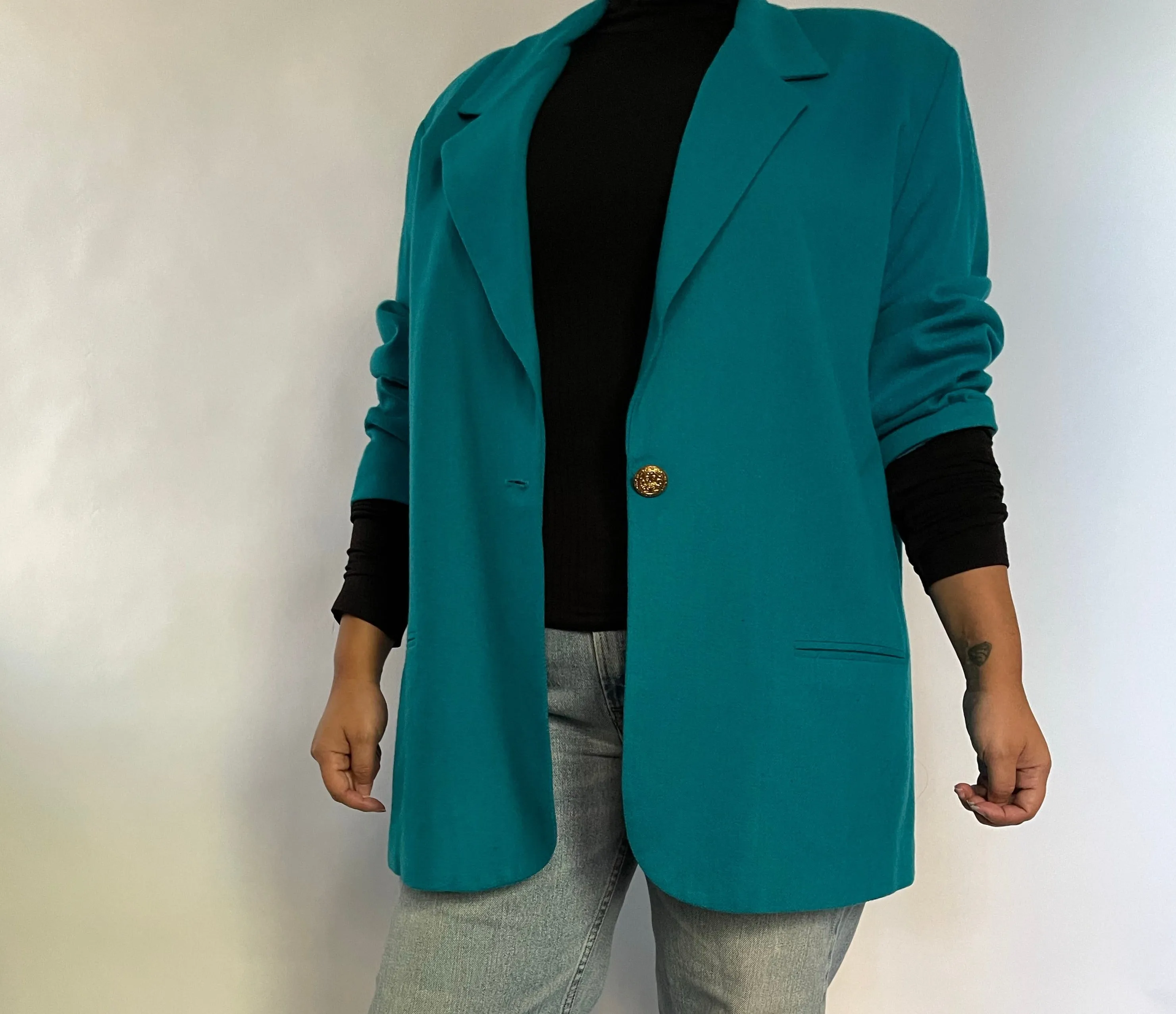 VINTAGE TURQUOISE WOOL BLEND BOYFRIEND BLAZER - SIZE L / XL