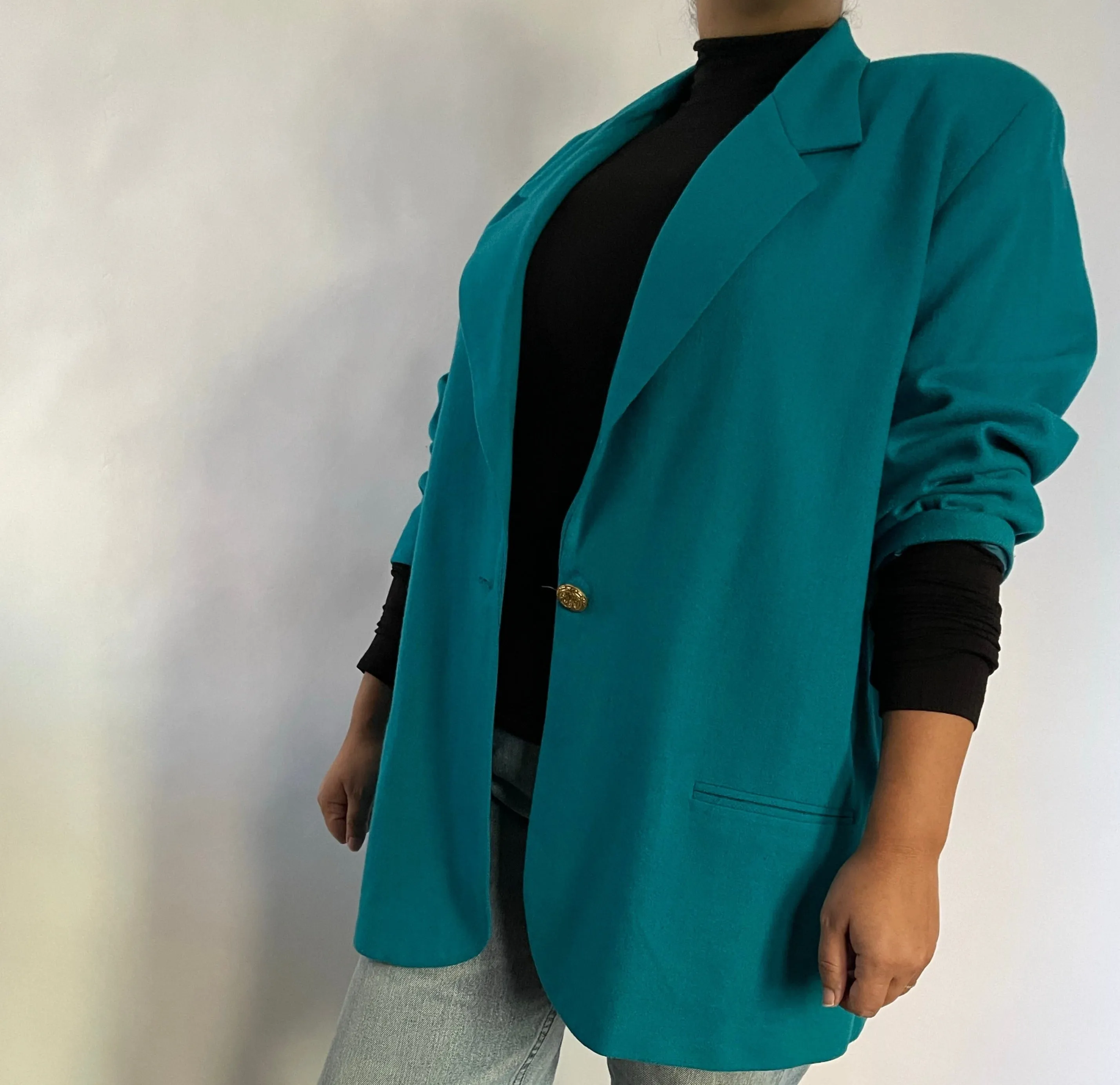 VINTAGE TURQUOISE WOOL BLEND BOYFRIEND BLAZER - SIZE L / XL