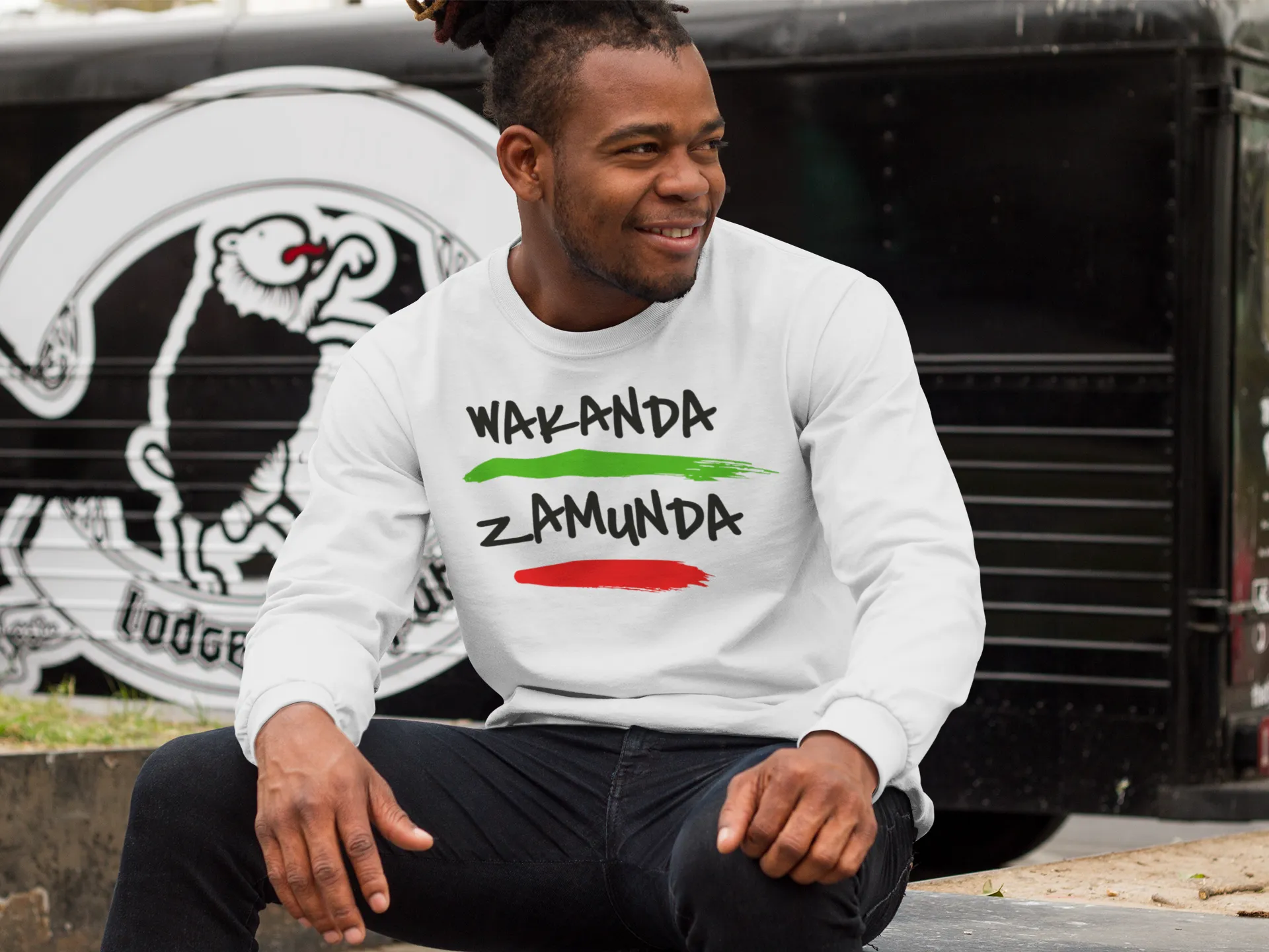 Wakanda Zamunda White Grey Green Long Sleeve Crew Tee