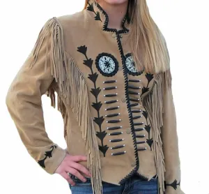 Western Fringe Beige Suede Leather Jacket for Women Cowgirl WFJ501