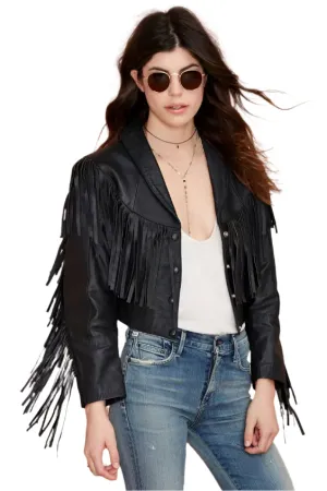 Western Fringe Black Leather Jacket for Women Cowgirl WFJ761