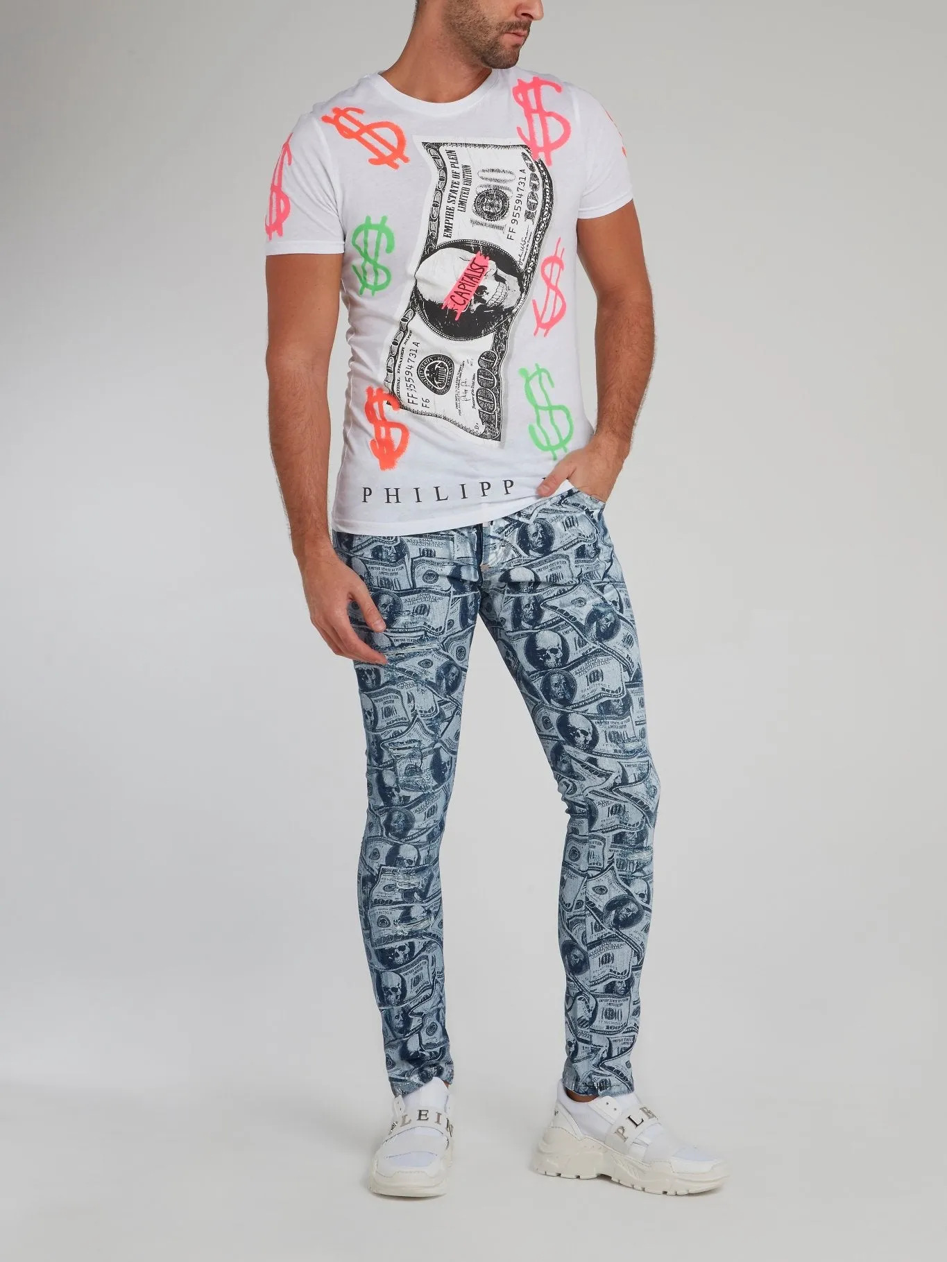 White Dollar Skull Print T-Shirt