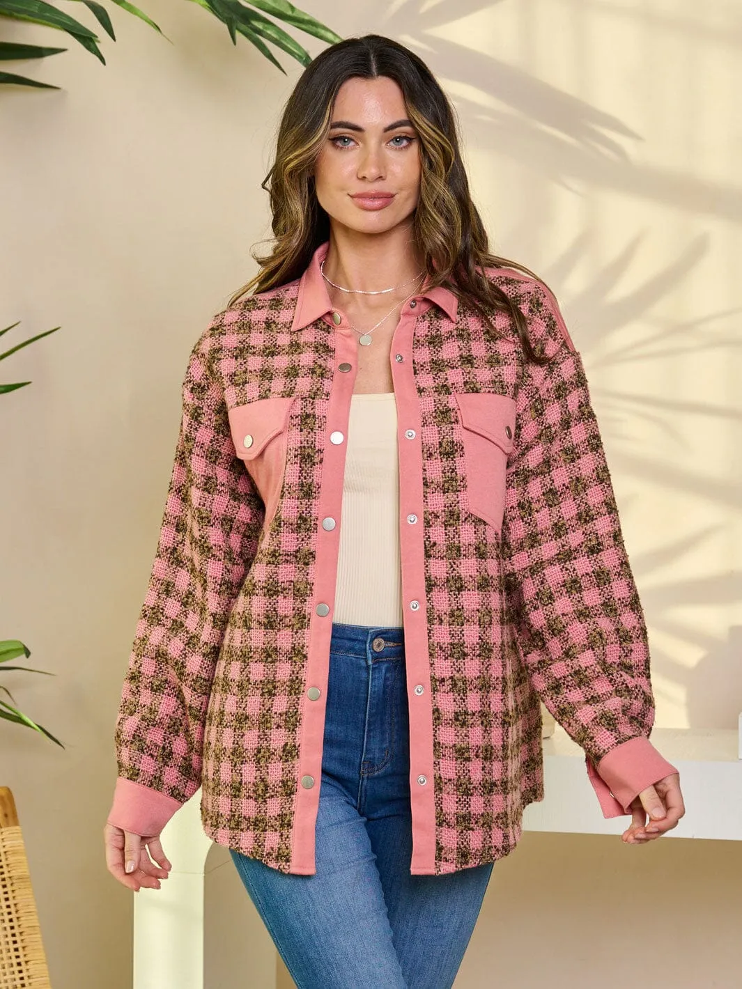 WOMEN'S LONG SLEEVE BUTTON CLOSURE COLORBLOCK PLAID JACKET