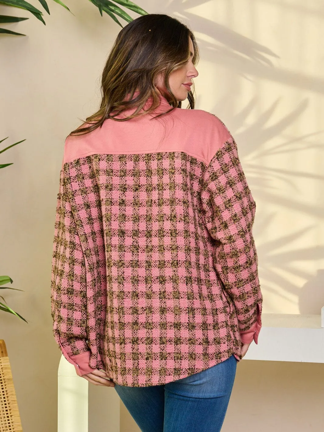 WOMEN'S LONG SLEEVE BUTTON CLOSURE COLORBLOCK PLAID JACKET