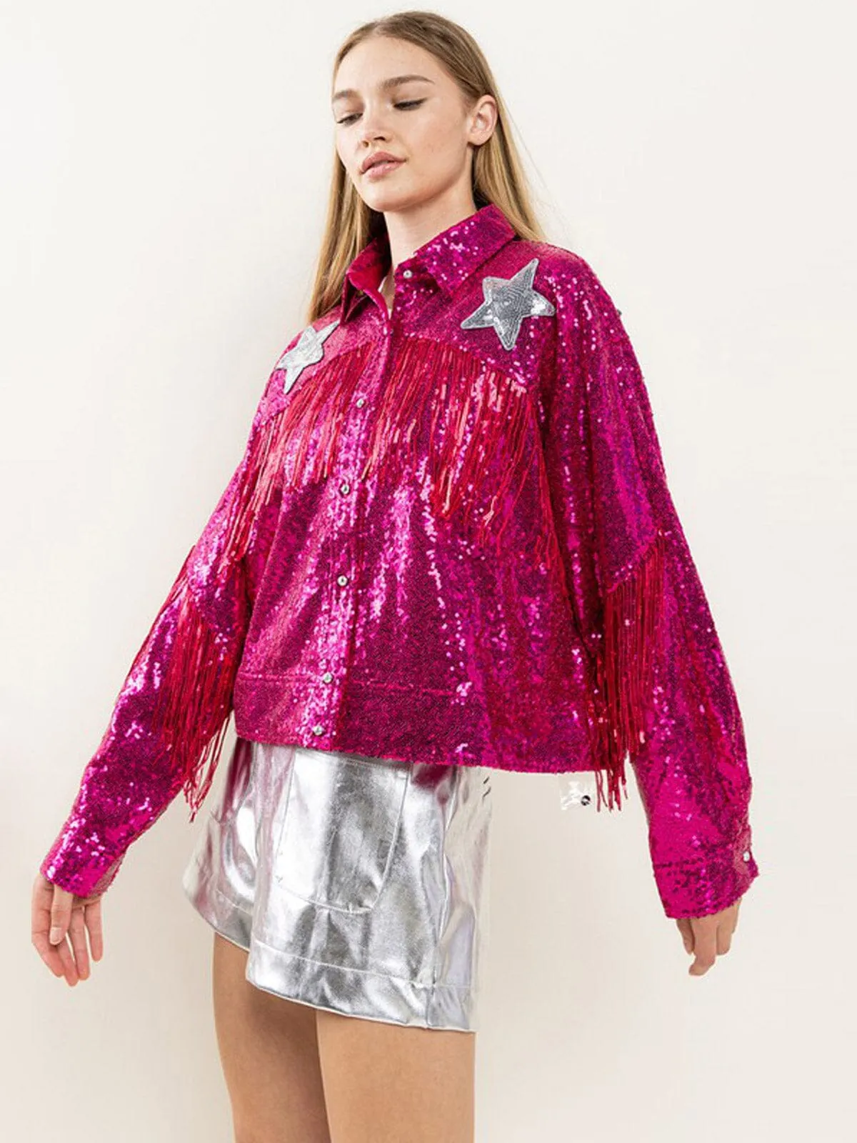 WOMEN'S LONG SLEEVE BUTTON CLOSURE SEQUINS JACKET