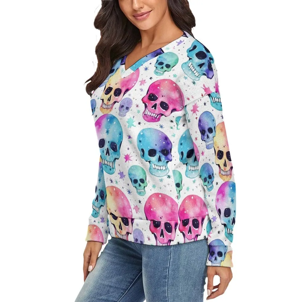 Women's Pink Blue Skulls V-Neck Long Sleeve Sweater