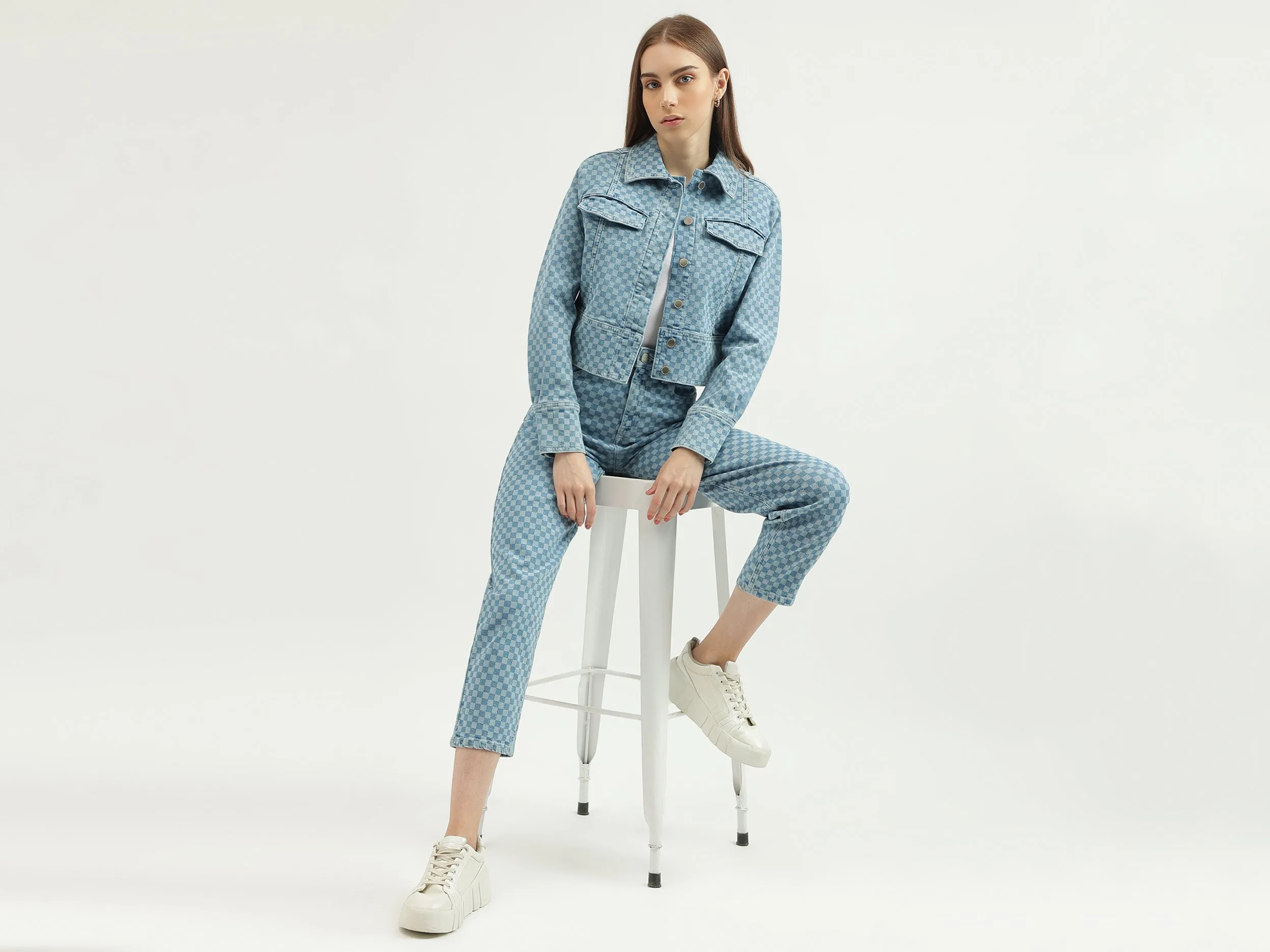 Women's Regular Fit Spread Collar Checked Jacket