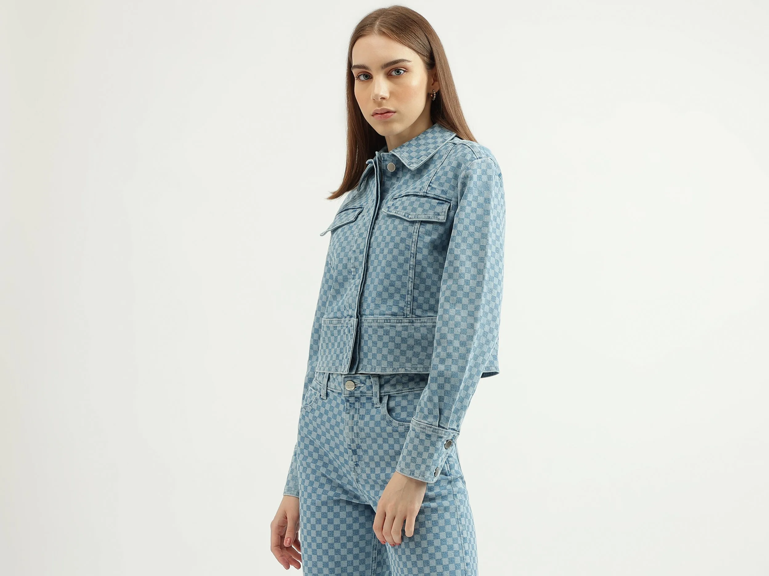 Women's Regular Fit Spread Collar Checked Jacket