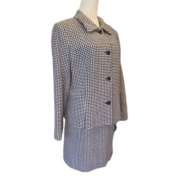 Wool Tweed Midi Skirt Suit Black and White Herringbone Check 12/14