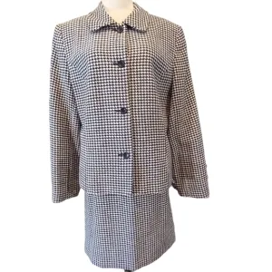 Wool Tweed Midi Skirt Suit Black and White Herringbone Check 12/14