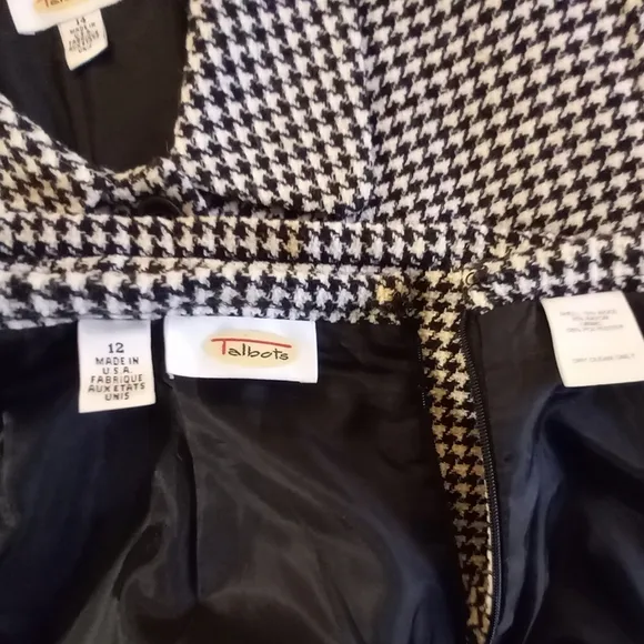 Wool Tweed Midi Skirt Suit Black and White Herringbone Check 12/14