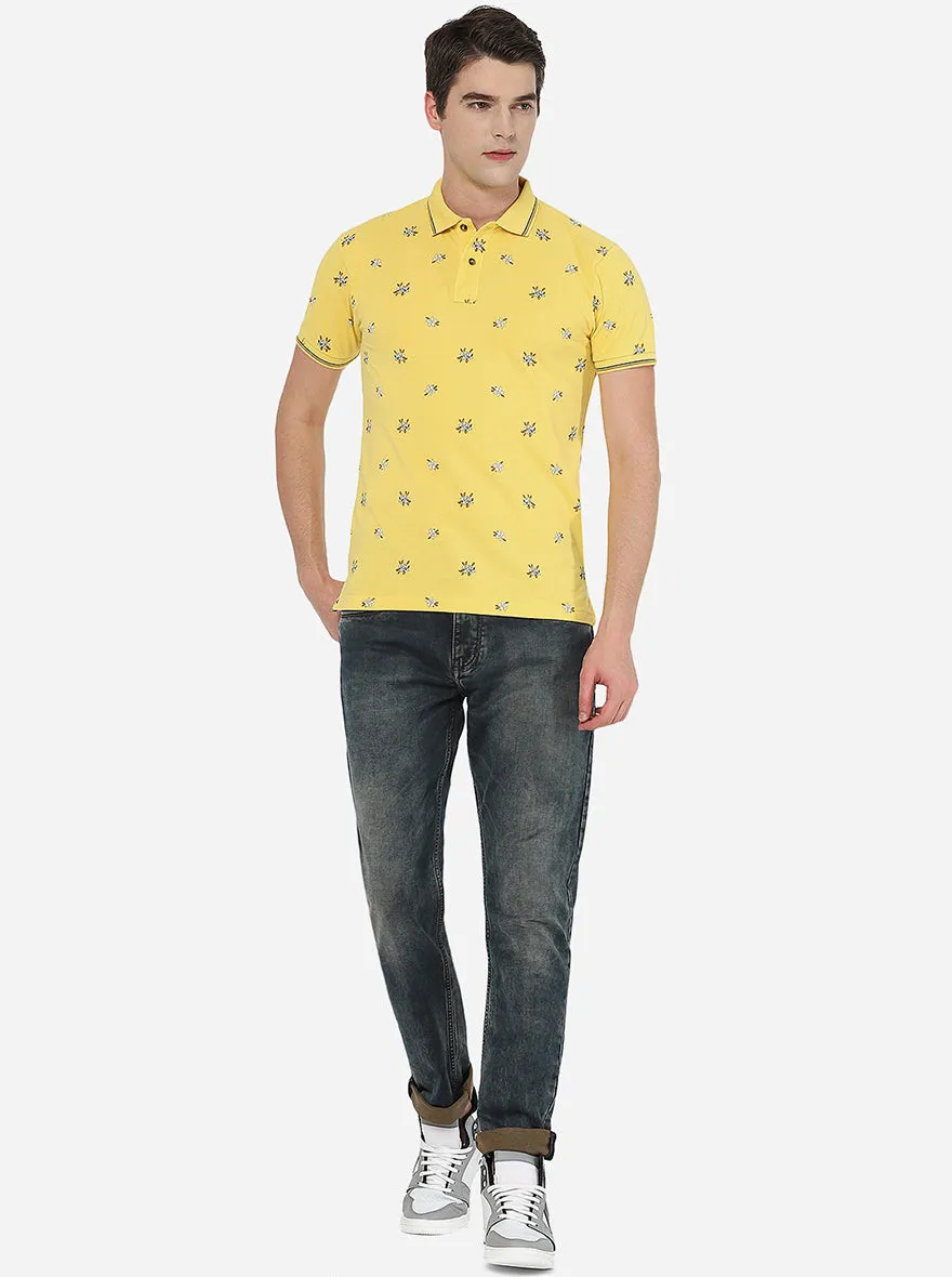 Yellow Printed Slim Fit Polo T-Shirt | Greenfibre